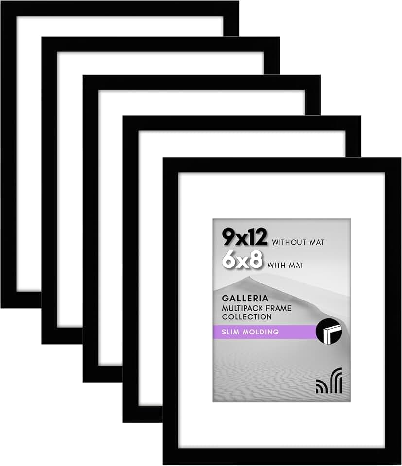 Americanflat 9x12 Picture Frame 5-Pack - Matted to 6x8 - Black