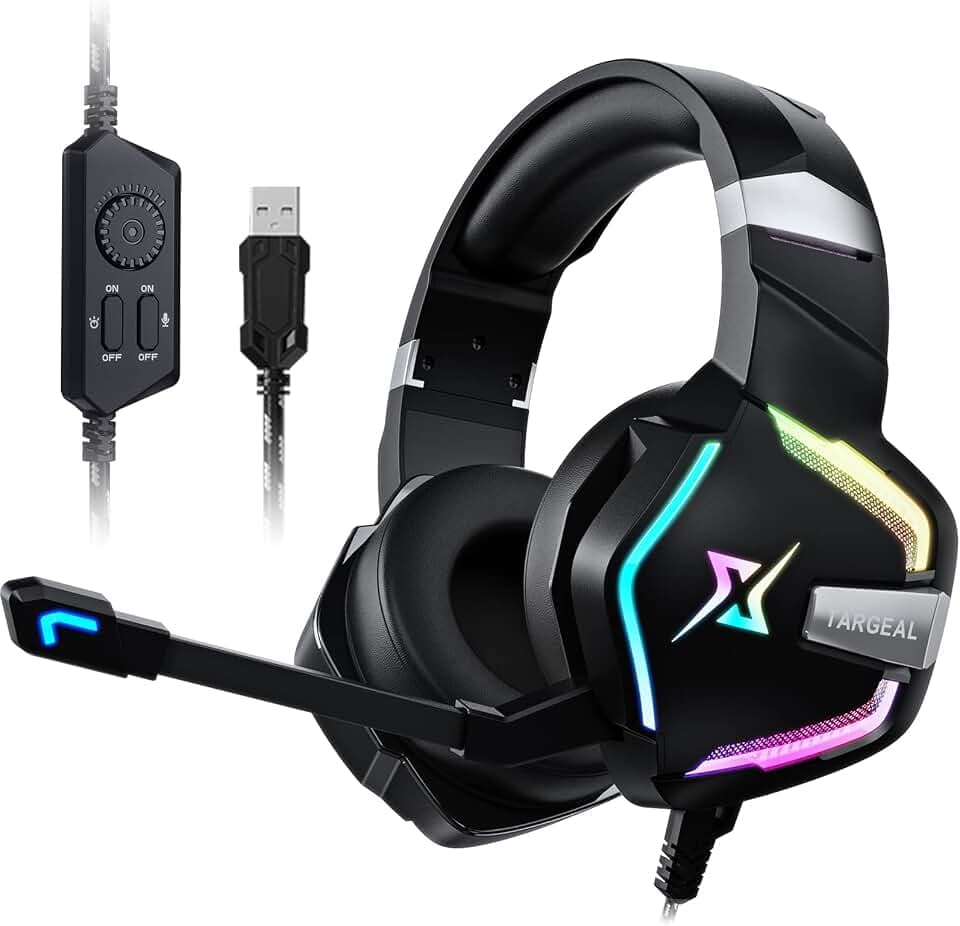 Gaming Headset mit Mikrofon Noise Cancelling 7.1 Surround Sound, USB Headset mit Kabel und RGB Licht Gaming Kopfhörer Kompatibel mit PC/PS4/PS5/Laptop/Mac