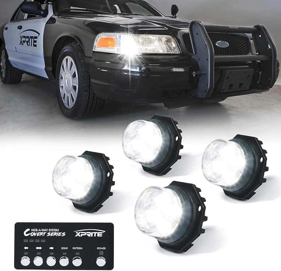 Xprite White LED Hideaway Strobe Lights Kit, 20 Flash Modes w/Control Panel Headlights Taillights Fog Light Interior Mounting for Construction Towing Snow Plow Pickup Work Trucks Cars 4 PCS