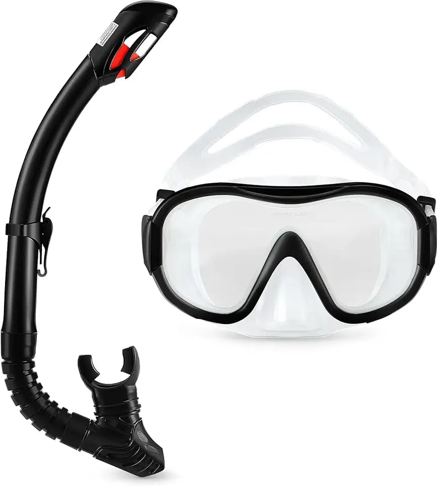Amazon Basics Snorkel Mask with Dry-Top Tube and Carry Bag, Snorkeling Gear for Adults, Black