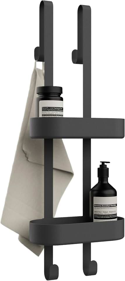 Bamodi Duschregal - 2-stufiges Regal - Höhenverstellbare Körbe - Minimalistischer Hängender Duschorganisator - Ohne Bohren oder Saugnäpfe - Mit Gummischutz - 12.5x70x24 cm - Schwarz