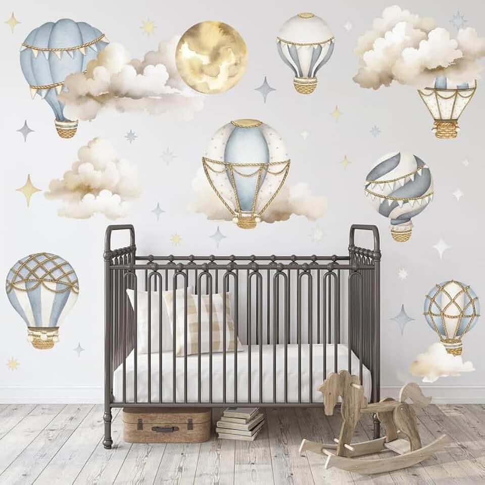 Balloon Stickers – Peel & Stick Removable Wall Decals with Clouds & Stars, Blue Wall Decals Room Decor, for Nursery Kids Playroom Baby Medium (38" x 28")