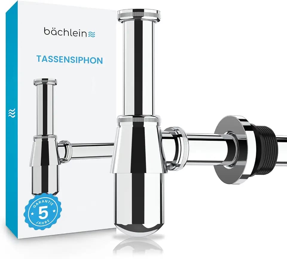 Bächlein Tassensiphon Universal für Waschbecken & Waschtisch (Chrom), Geruchsverschluss mit Reinigungsöffnung + Einbauanleitung - Designsiphon Ablaufgarnitur Flaschensiphon