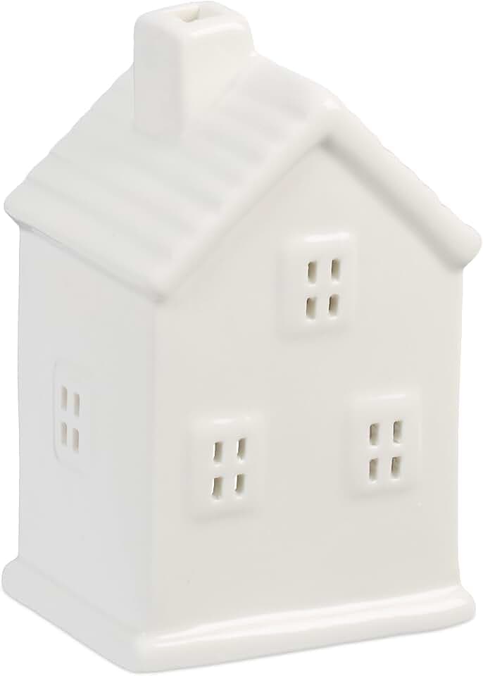 Relaxdays Teelichthaus Keramik, Leuchthäuschen für 1 Teelicht, H x B x T: 12 x 7,5 x 6 cm, Teelichthalter Haus, weiß