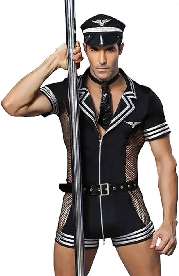 Mens Sexy Lingerie Set Role Play Pilot Uniform Night Club Costume Outfit Black