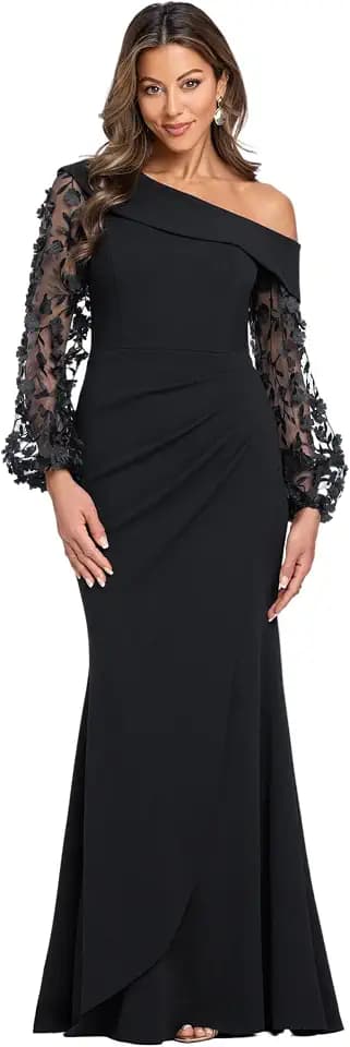 Xscape Women's Betsy & Adam Women's Scuba Crepe One Shoulder Satin Bow Sash Floor Length Dress