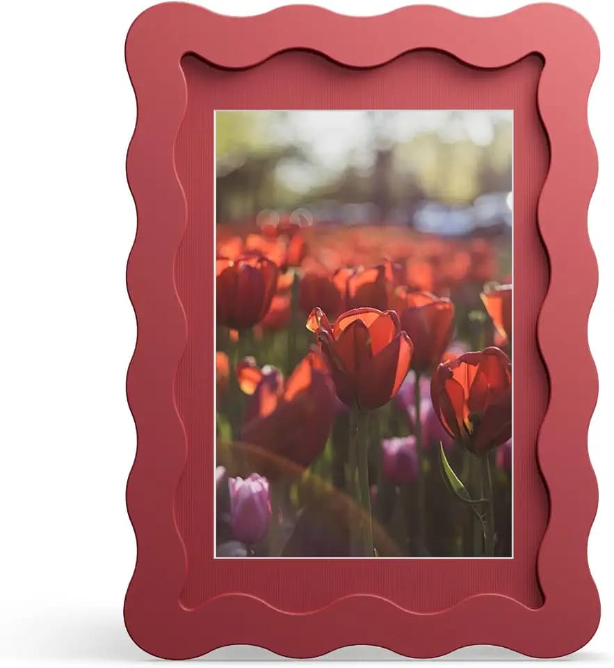 4x6 Picture Frame with Mat for 3.5x5, Wavy Edge Wooden Real Glass Photo Frame for Tabletop and Wall Hanging, Red, 1 Pack