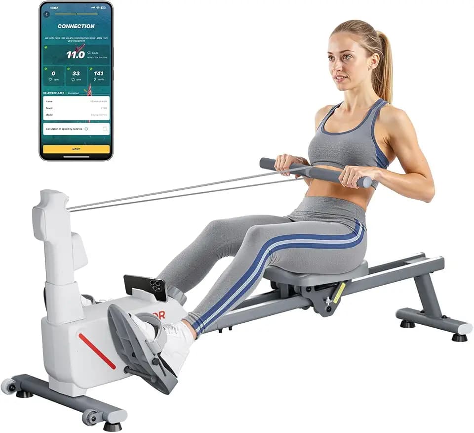 VEVOR leises magnetisches Rudergerät 16 Widerstandsstufen einstellbar, faltbares Rudergerät für Zuhause mit Doppelgleitschienen & LCD-Monitor, Bluetooth-App-kompatibel, 158 kg belastbar