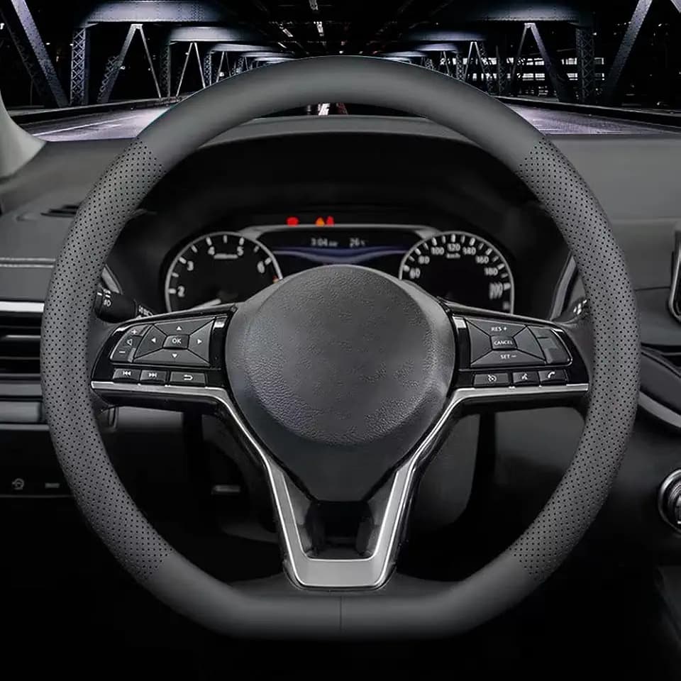 LKWLIKEI Nappa Leather D Shape car Steering Wheel Cover, Non-Slip, Breathable，Universal 15 inch.（D Shape Black）