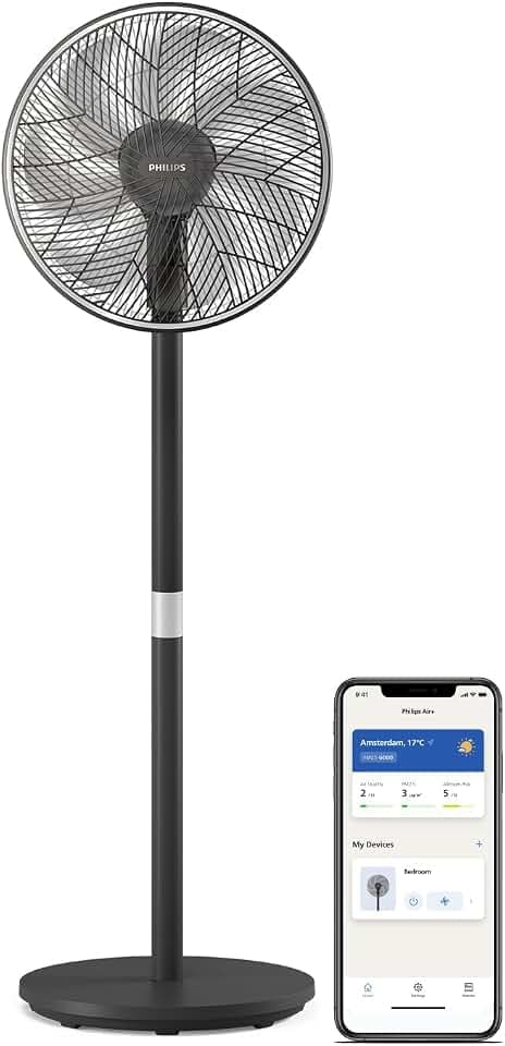 PHILIPS Smart Standventilator 3000 Serie, 2-in-1, SilentWings, Schwarz | 125 cm, SilentWings-Techn. mit 19-46 dB(A), App, Timer, Neigung 30°, Oszillation 90°, gleichmäßige Luftumwälzung (CX3550/01)