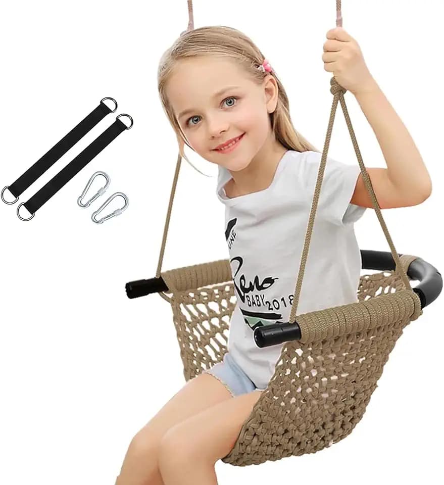 Handgestrickte Kleinkindschaukel, Schaukel für Kinder mit verstellbaren Seilen, Robustes, sicheres Seilschaukel-Set für drinnen, draußen, Spielplatz, Baum, 200 kg Tragkraft (Hellbraun)