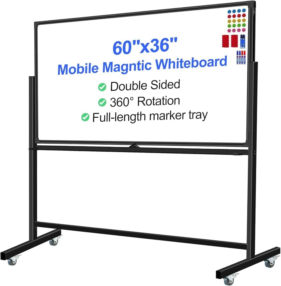 Max-officoo Double-Sided Magnetic Mobile Whiteboard 60" x 36" with Rolling Stand, Large Dry Erase Board on Wheels for Office & Classroom, Includes Long Pen Tray, 6 Markers, 2 Erasers, 20 Magnets