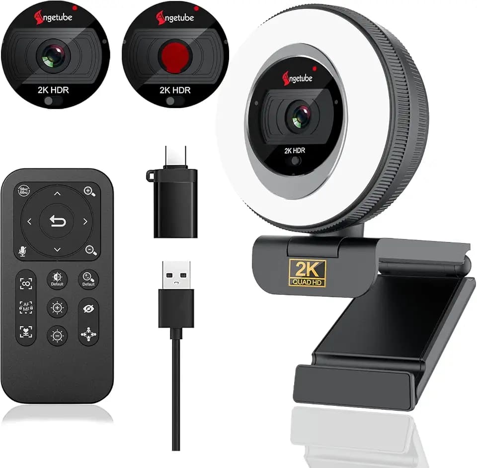 Angetube 2K Webcam for PC/Laptop/Mac, 1080P Computer Camera with RingLight