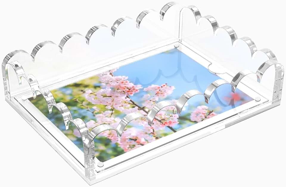 LUGUNU Acrylic Tray with Magnetic Photo Display,Scalloped Clear Tray 5x7in