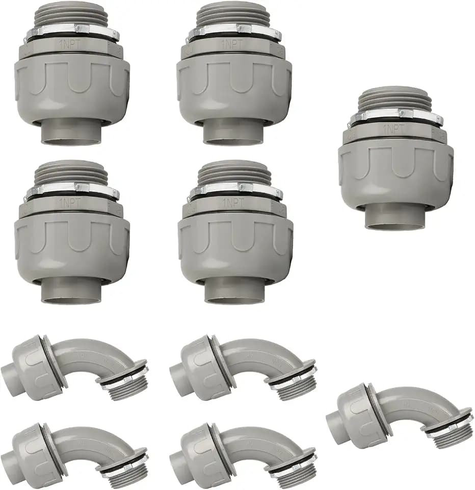 Conduit Connectors, 1 Inch Liquid Tight Connector NPT Non-Metallic for PVC Electrical Flexible Conduit Fittings, 5 Straight and 5 Angle 90 Degree, UL Listed, Grey (10-Pack)