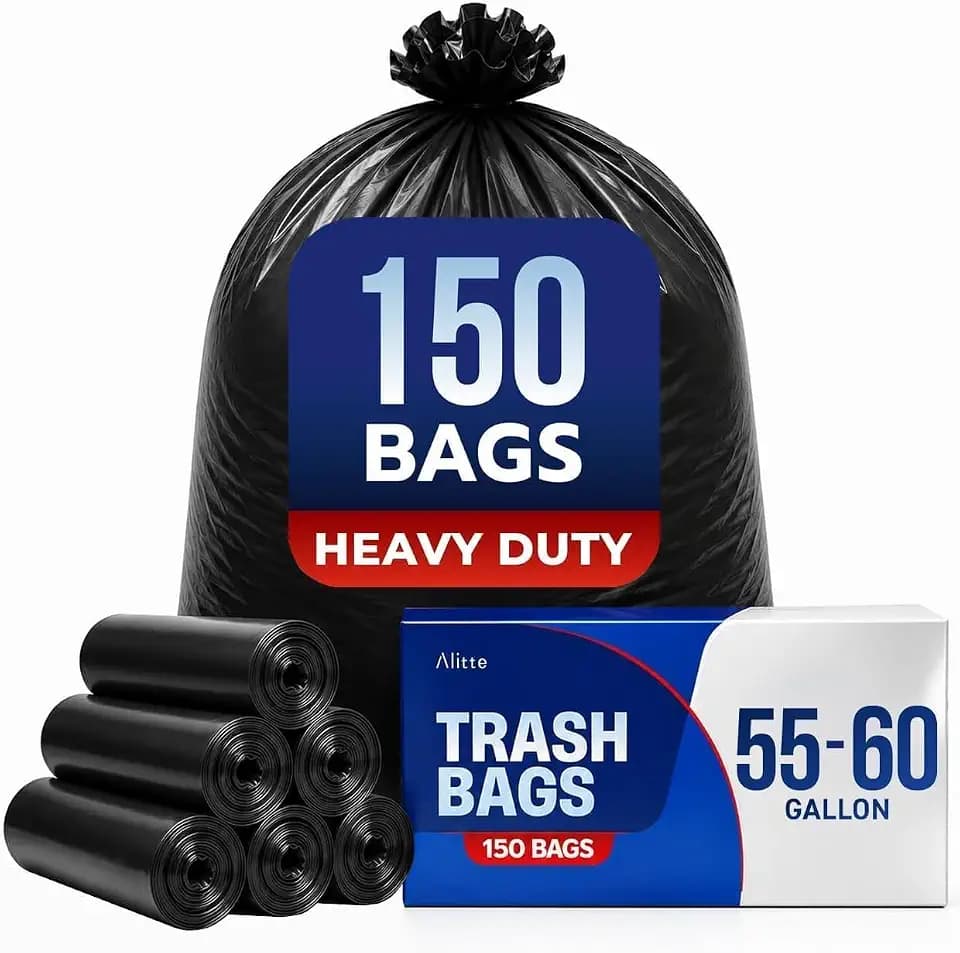 Large Trash Bags 55-60 Gallon | 150 Count, Heavy Duty Black Garbage Bags | Unscented, Leak Proof, Bulk Pack for Office, Industrial & Commercial Use - Made in USA