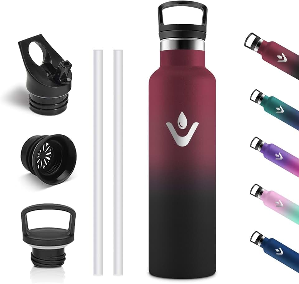 Vikastar Edelstahl Trinkflasche, Thermosflasche 750 ml, BPA-frei Trinkflasche, Thermosflasche mit Strohhalm, Trinkflaschee für Schule, Sport, Fahrrad, Camping, Rot & Schwarz