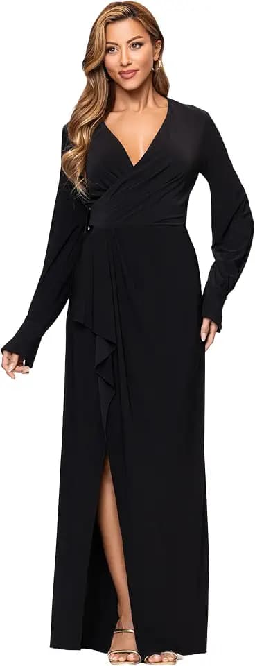 Xscape Women's Jersey Knit V-Neck Draped Long Sleeve Floor Length Dress