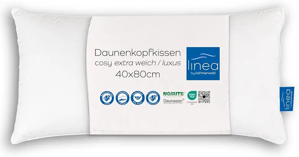 LINEA by böhmerwald - cosy - hochwertiges Luxus Kopfkissen extraweich, 40x80, 100% weiße neue Daunen, Allergiker geeignet, waschbar bis 60°C, in Deutschland produziert