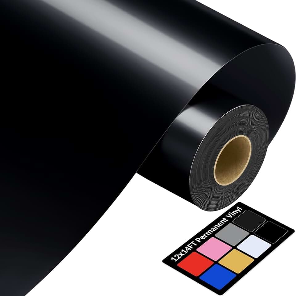 12" x 14FT Black Vinyl - Glossy Black Permanent Vinyl with PET Backing [Easier Weed Never Residue], Permanent Adhesive for Cutting Machine, Party Decoration, Car Decal, Signs, Scrapbooking