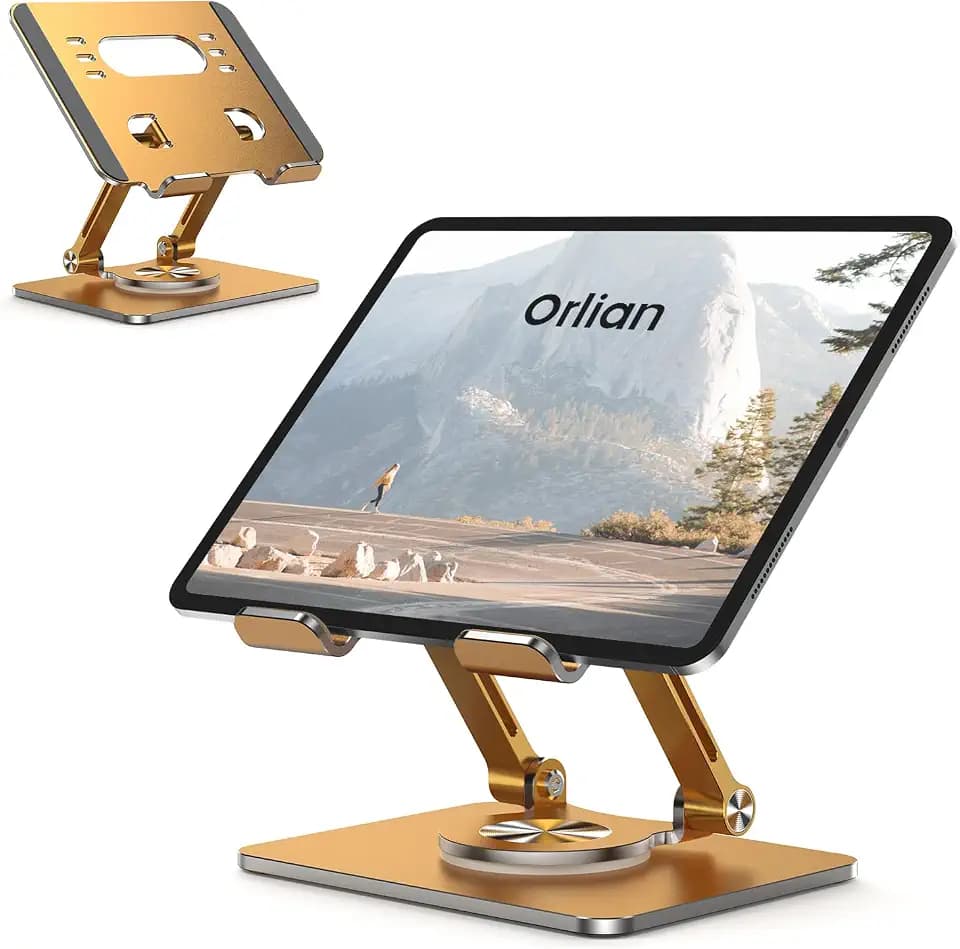 Orlian Tablet Stand Holder with Thickened 360°Rotating Base Dual Rod Adjustable Aluminum Stand for All 5.8-12.9” iPad Samsung Phone Tablet Kindle E-Reader and More, Gold