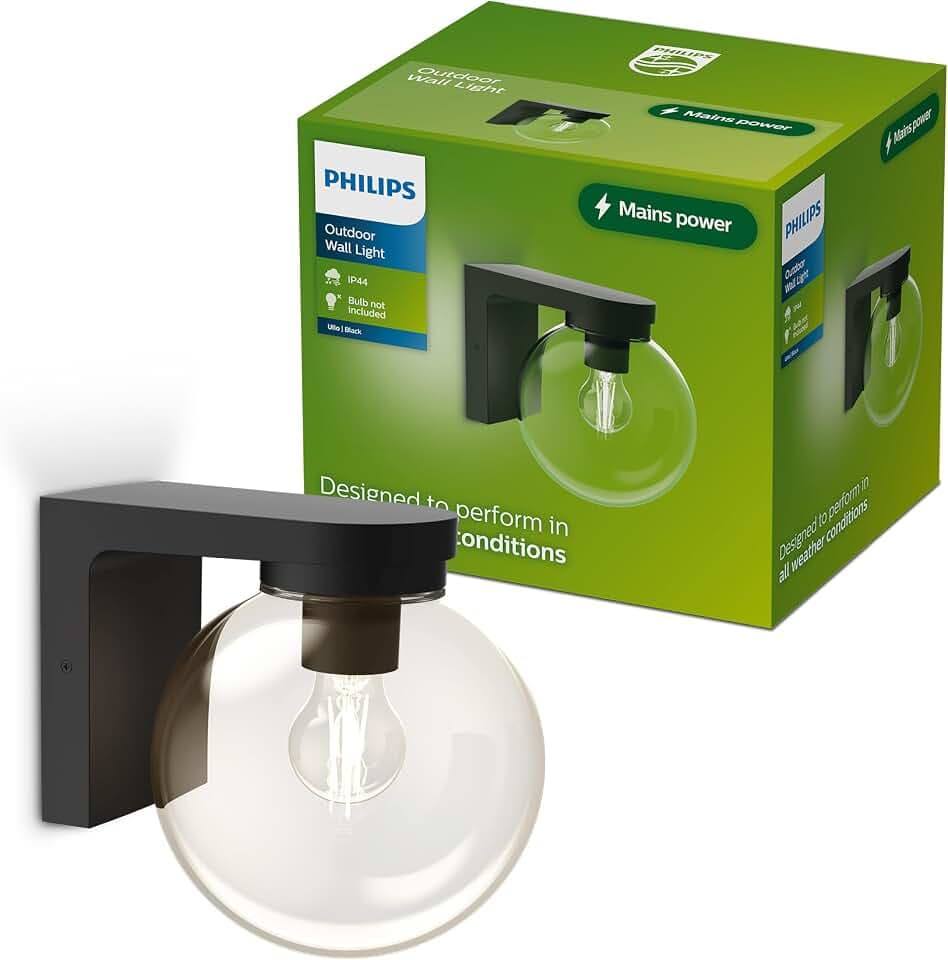 Philips Ulio Outdoor-Wandleuchte + E27 LED-Lampe, warmweißes Licht, IP44-wetterfest, langlebig, Aluminium und Glas, modernes Design, schwarz