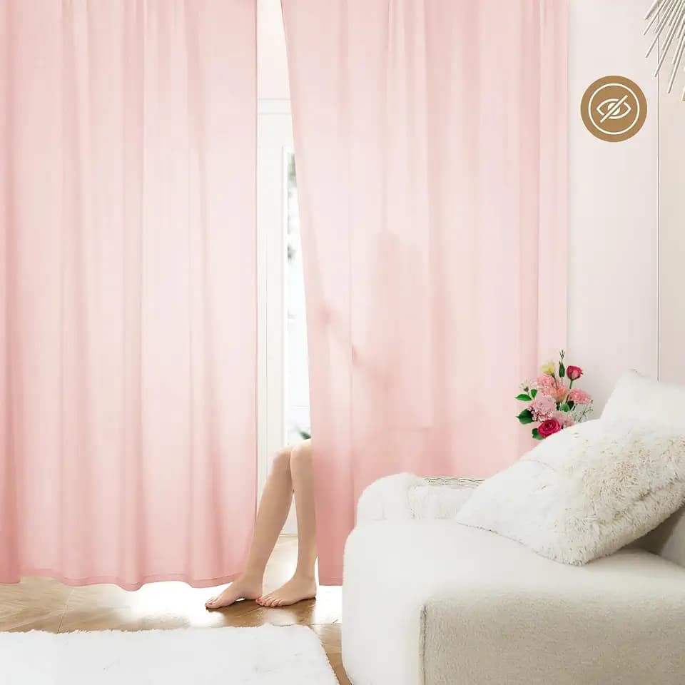 HOMEIDEAS Non-See-Through Blush Pink Privacy Sheer Curtains 52 X 84 Inches Long 2 Panels Sheer Curtains Light Filtering Window Curtains Drapes for Bedroom Living Room