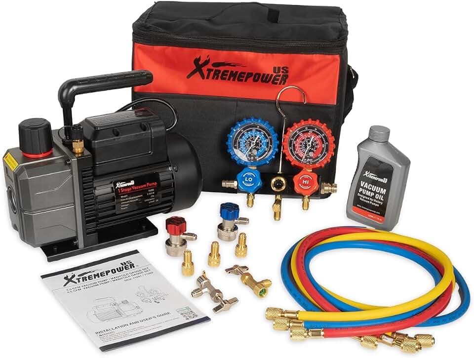 XtremepowerUS HVAC Vacuum Pump Manifold HVAC R134a, R12, R22, R410a, A/C Refrigeration R134, R134 Quick Connector AC Manifold Gauge Air Conditioner Oil Bottle w/Bag (3.5CFM)
