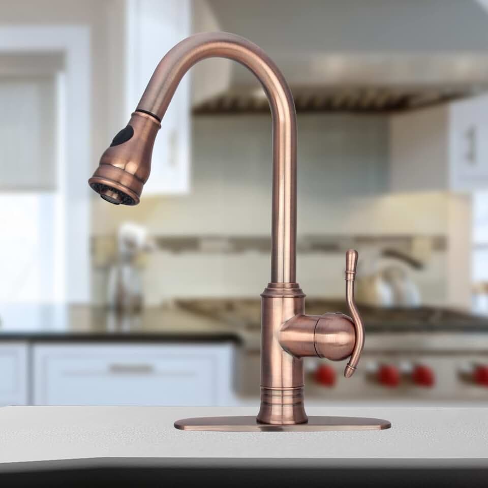 Akicon Pull Out Kitchen Faucet, Single Level Solid Brass Kitchen Sink Faucets with Pull Down Sprayer (Antique Copper)