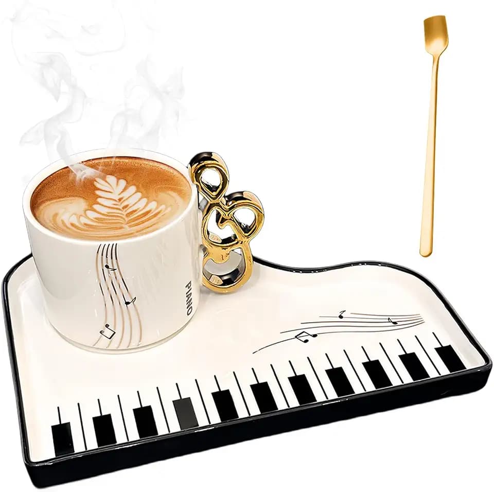 Kreative Klavier Kaffeetasse mit Unterteller und Löffel, 200ml Mochatasse, Musiknoten Keramik Espressotassen für Mutter freundin Geburtstag (Weiß)