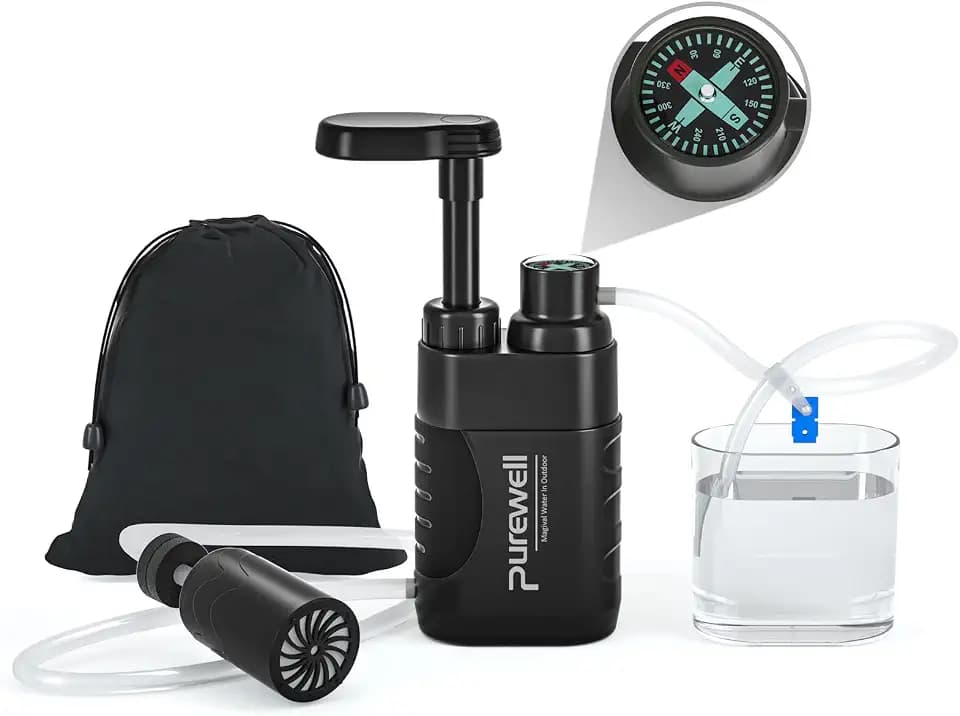 Purewell Water Hand Purifier Pump with Replaceable Carbon 0.01 Micron Water, Stages, Portable Outdoor Emergency and Survival Gear - Camping, Hiking, Backpacking(Black)