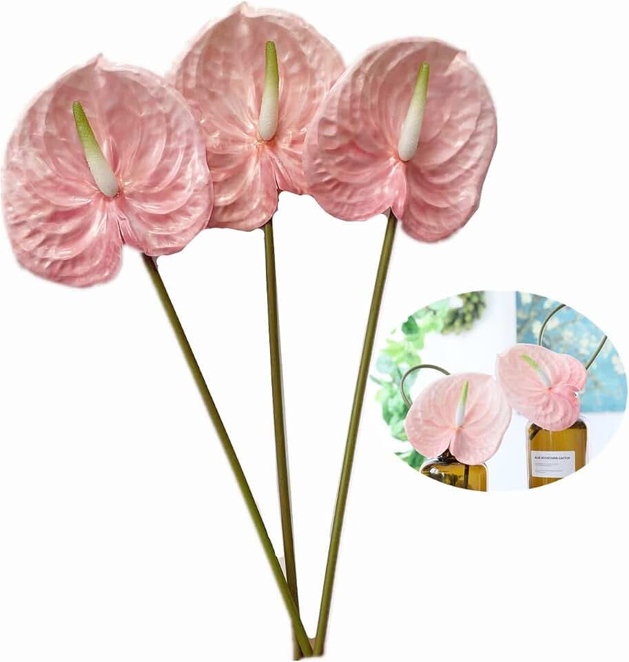 Rikyo Künstliche Anthurium-Lilien, permanente Blumen, 66 cm, 3 Stück, tropische Kunstpflanzen, Blumensträuße für Tischdekoration, Brautschmuck, Hochzeit, Festival, Dekoration, Blume (Hellrosa)