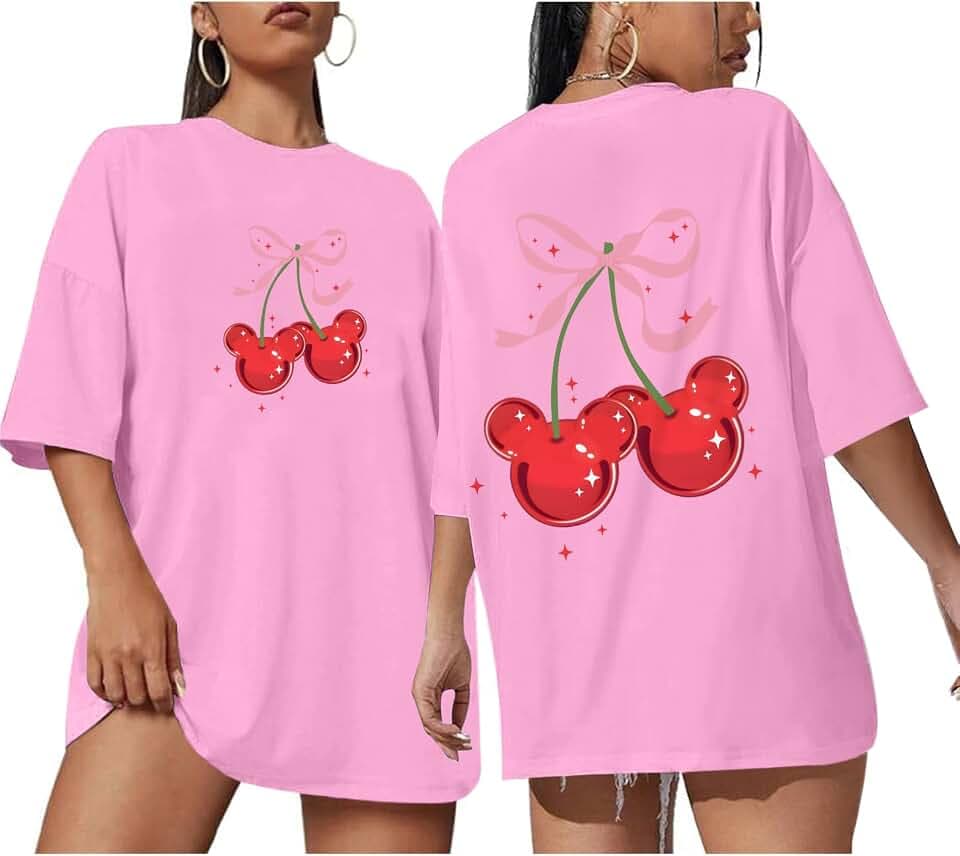 Cherry Bow Shirt for Women Graphic Oversized T Shirts Family Holiday Vacation Funny Cute Aesthetic Tee Summer Tops