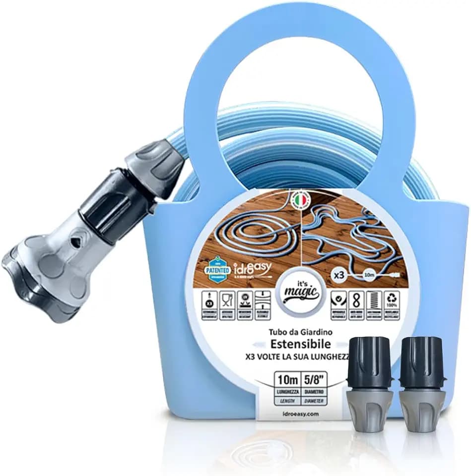 Magic Blue 10 Meter ausziehbarer, knoten- und verdrehsicherer Gartenschlauch mit Tasche und Brause
