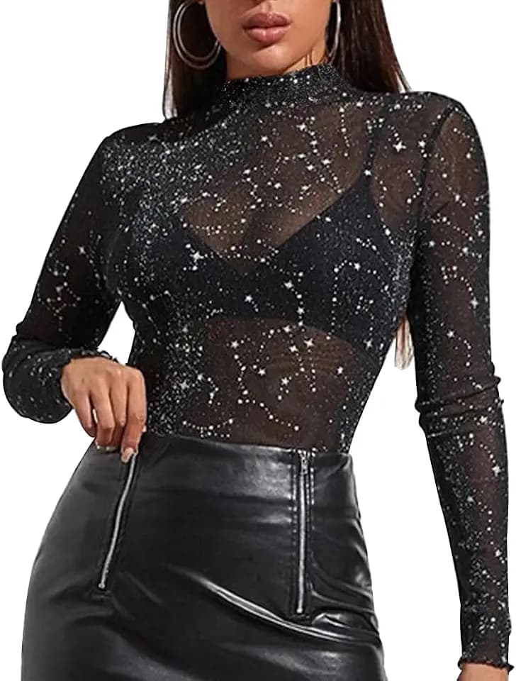 Glitzer Oberteile Damen, Glitzer Mesh Oberteile Damen, Transparentes Durchsichtige Tops mit Sterne, Glitzer Top, Netzoberteil Bluse Tüll, Sexy Durchsichtig Langarm Bluse für Karneval, Halloween, Party