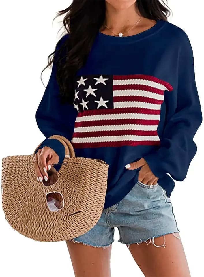 Dressmine Womens American Flag Knit Sweater Crew Neck Long Sleeve Pullover