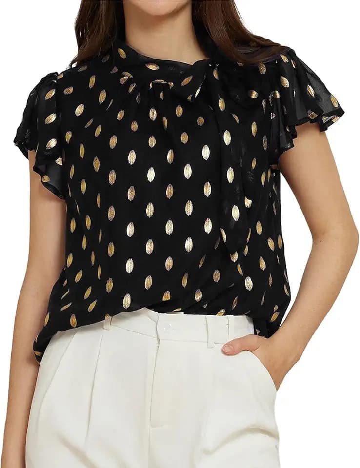 GRACE KARIN Damen Gerüschte Kurze Ärmel Lässiger Bluse Stehkragen Tops Schwarz S