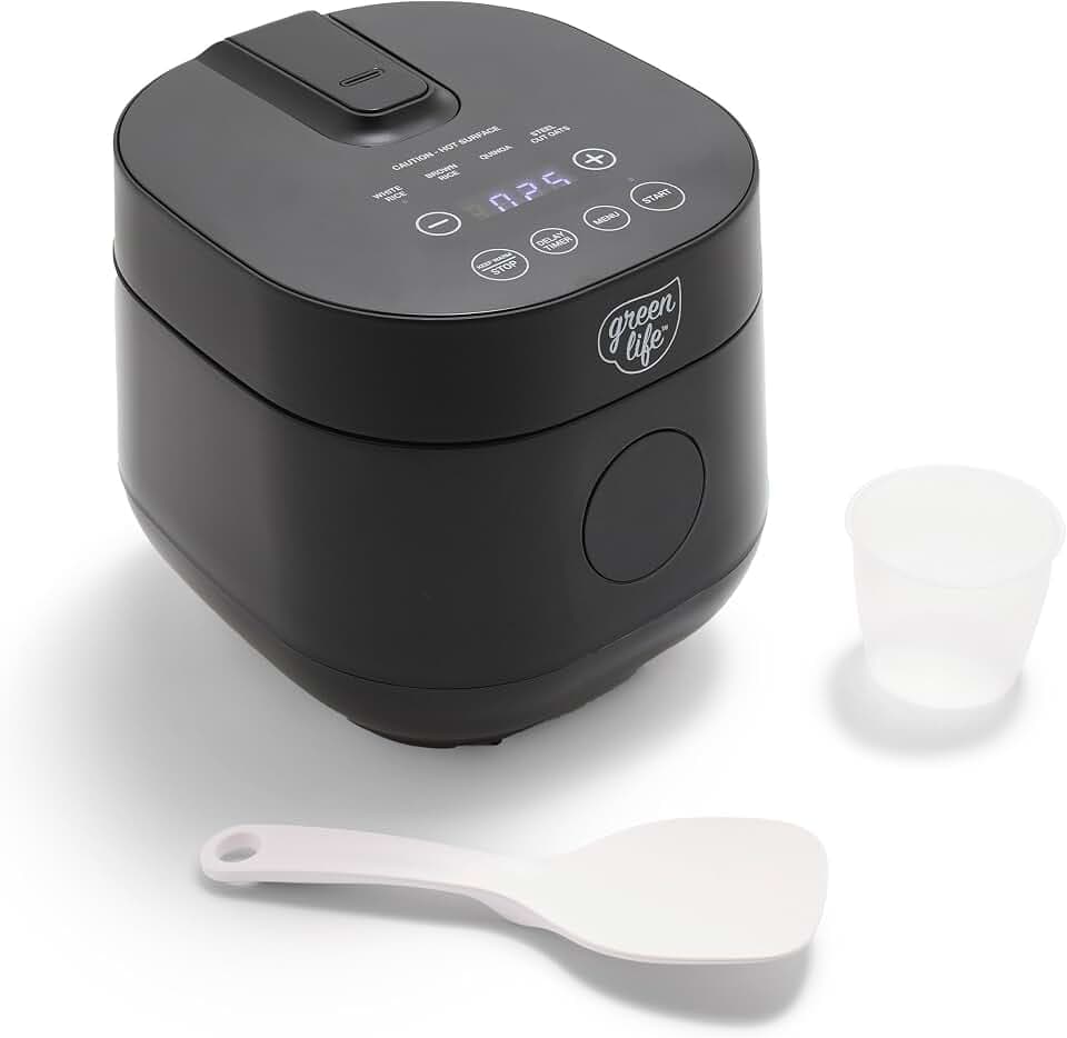 GreenLife Digital Rice Cooker, 2-Cups Uncooked/4-Cups Cooked, Black