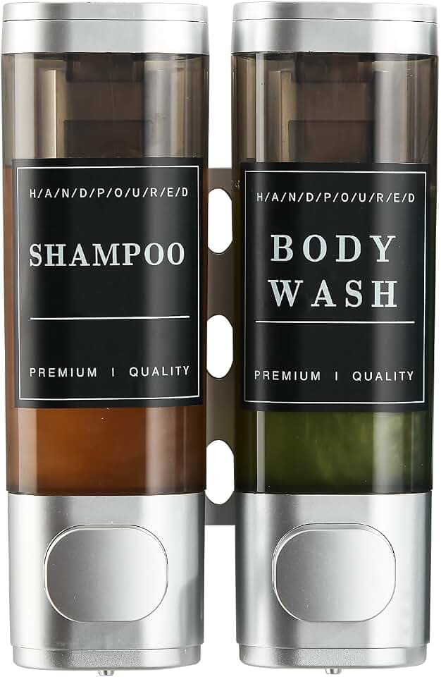 Unisence Shampoo- und Spülungsspender, 2 Kammern, kein Bohren, Wand-Shampoo-Spender für Dusche, Wandmontage, Körperwaschspender für Badezimmer, Hotel, großes Fassungsvermögen, Silber