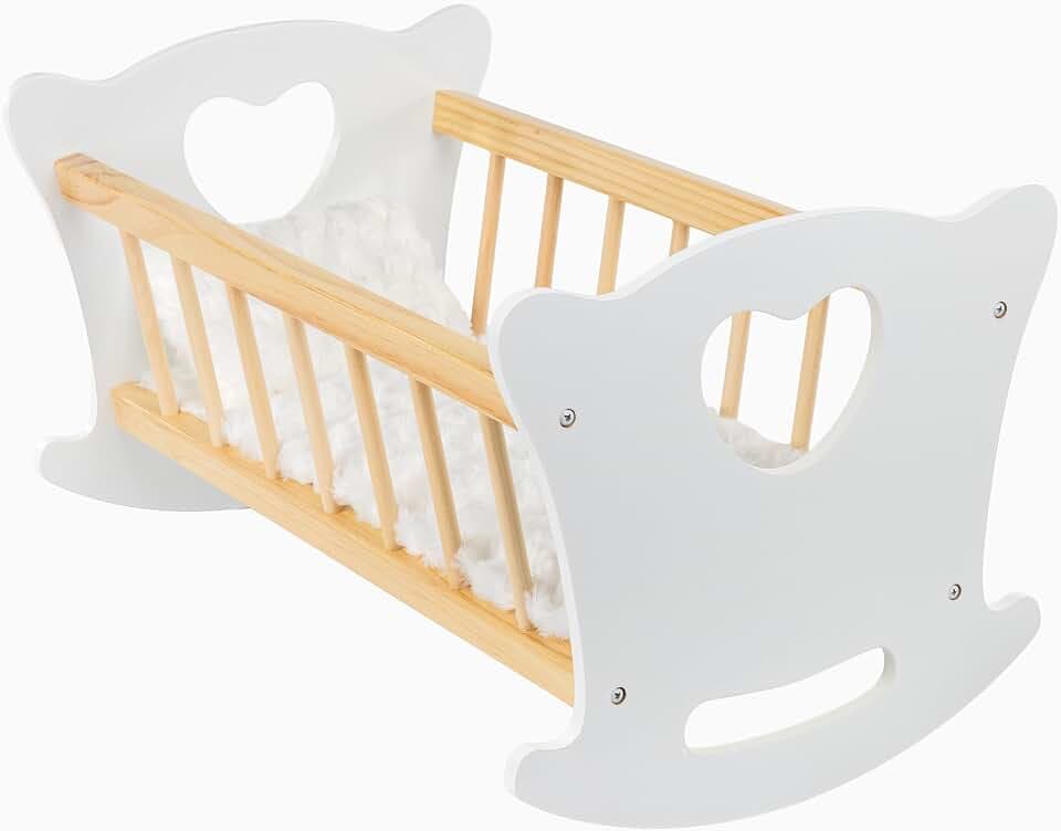 Kinderplay Puppenwiege Holz mit Bettwäsche – Puppenbett Schaukelbett für Puppen bis 49,5 cm – Holzspielzeug Mädchen ab 3 Jahren – Nachhaltige Babywiege für Rollenspiele & Geschenk Kinder
