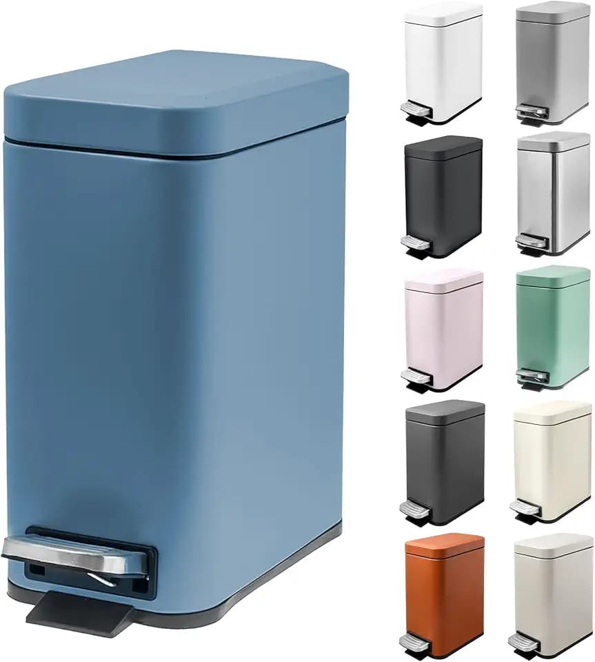 M-Aimee 1.3 Gallon Slim Small Trash Can with Lid Soft Close, Stainless Steel Garbage Can for Bathroom Bedroom Office, Rectangular Step Trash Bin with Removable Inner Waste Basket (Blue)