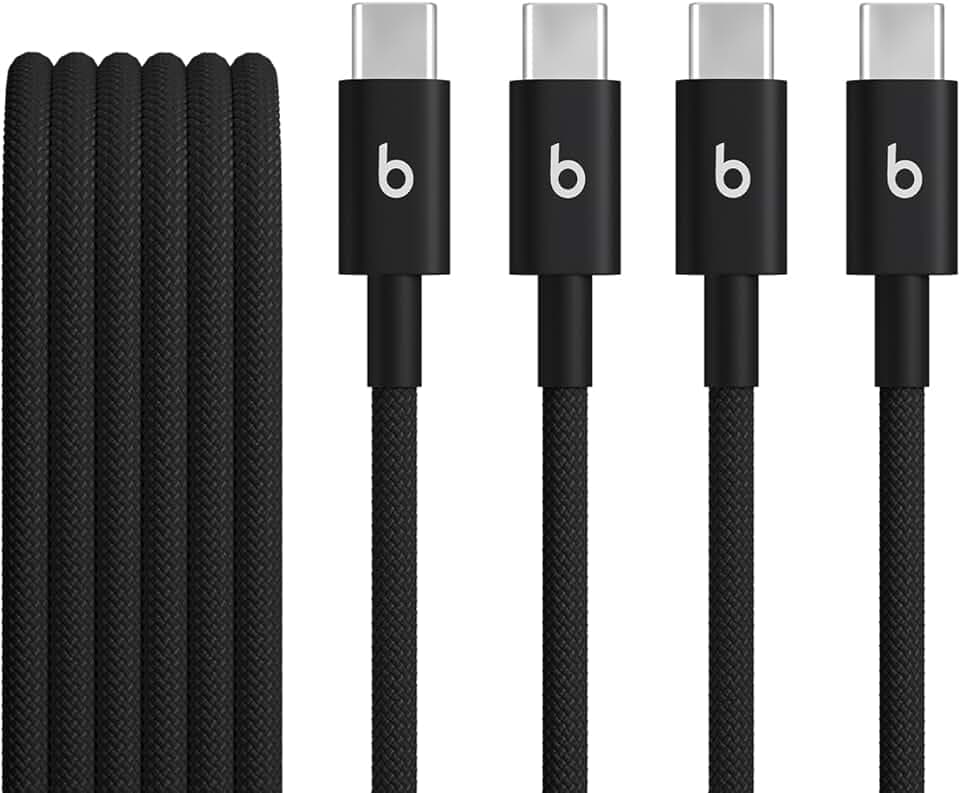 Beats USB-C to USB-C Woven Cable 2 Pack Fast Charging Durable/Tangle-Free Compatible Charger for Apple & Android Devices (1.5 m, 5 ft) - Bolt Black