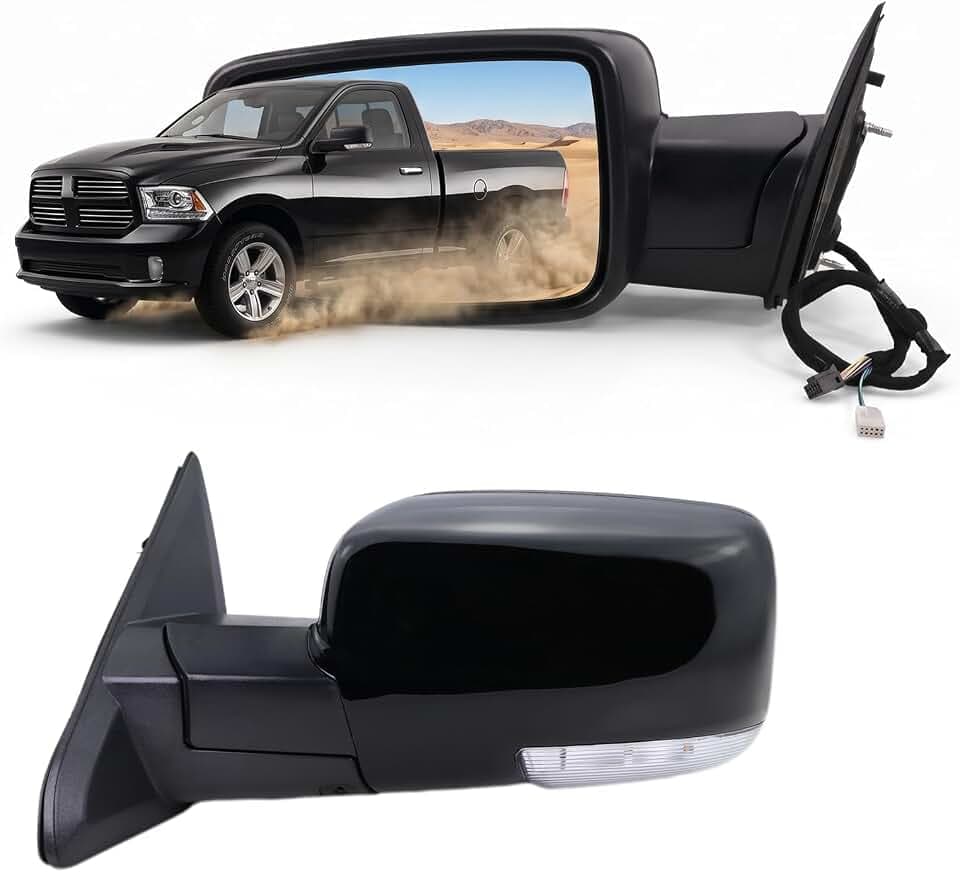 Left Driver Side Mirror Compatible With 2013-2018 Ram 1500 2500 3500 With Power Folding Power Glass Heated Temperature Sensors Turn Signal Puddle Lights Black Replace#68096197AF (10+2Pins)