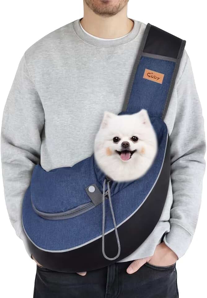 CUBY Tragetasche für Welpen, Hunde, atmungsaktiv, Sicherheits-Vordertasche, Netztasche mit verstellbarem Schultergurt, für Outdoor und Reisen (Denim, L)