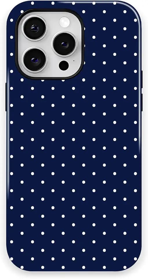 Trendy Cute Hybrid 2 Layer Navy Blue Polka Dot Phone Case for iPhone 16,Navy