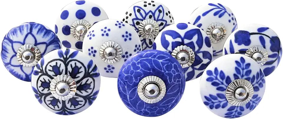 Royal Kraft Vintage Blue Hand Painted Ceramic Pull Knobs for Kitchen Cabinet, Door & Drawer, Wardrobe, Cupboard (10 Designs x 2 pcs = 20 knobs) Sknob002_20