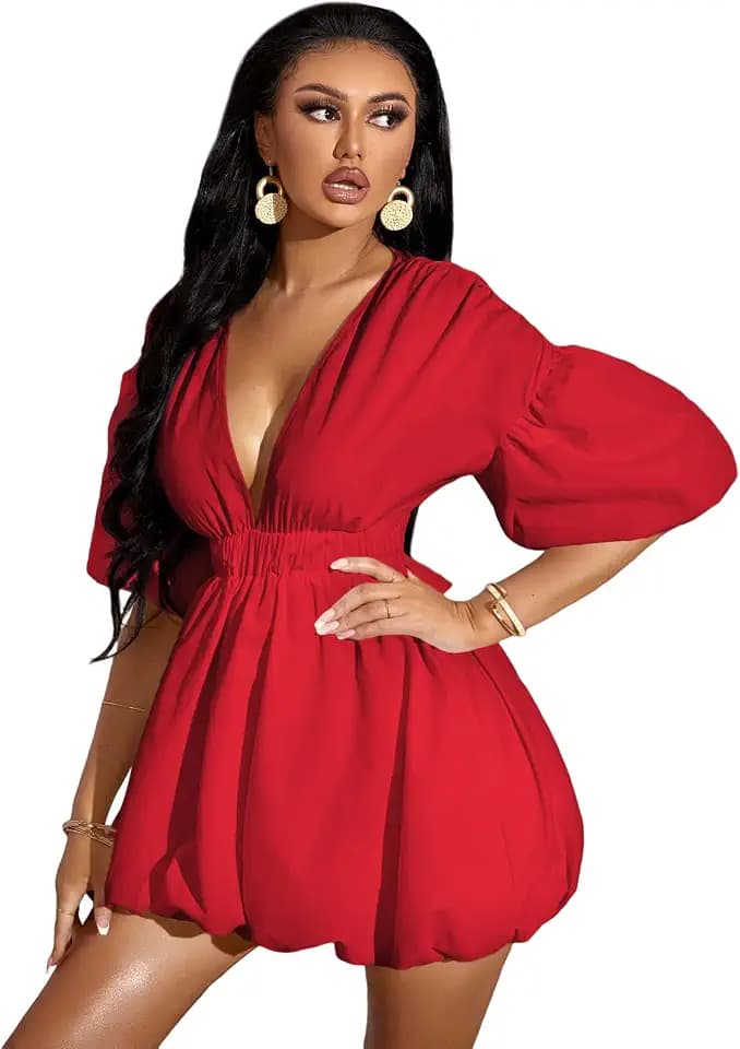 WDIRARA Women's Deep V Neck Puff Sleeve Flare Ruffle Summer Dress