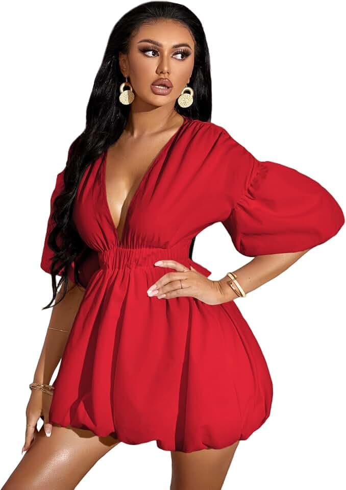 WDIRARA Women's Deep V Neck Puff Sleeve Flare Ruffle Summer Dress