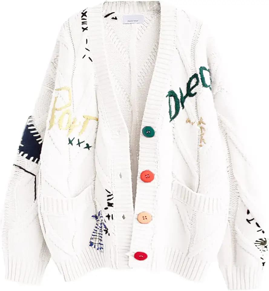 utcoco Womens Open Front Cardigan Cable Knit Long Sleeve Button Down Embroidery Cardigan Sweaters