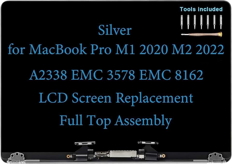 13" Screen Replacement for MacBook Pro M1 2020 M2 2022 A2338 EMC 3578 EMC 8162 LCD Screen Complete Full Top Display Assembly Kit (Silver)